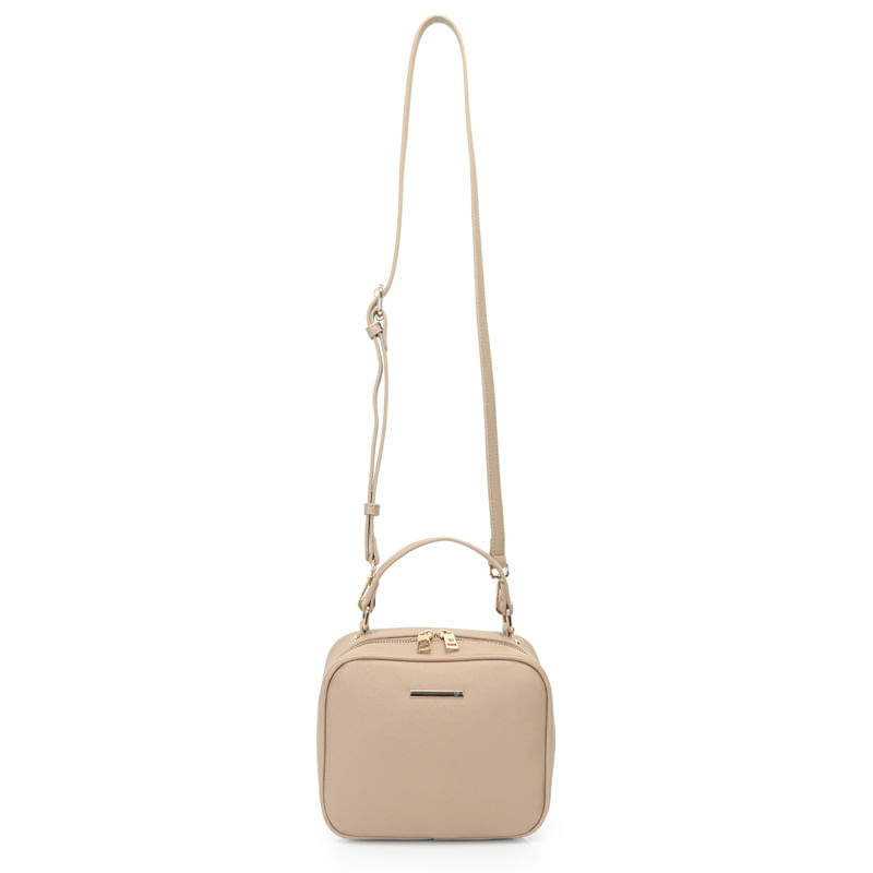 Bolsa estruturada feminina WJ na cor bege feita em material sintético com alças duplas e detalhes metálicos dourados.